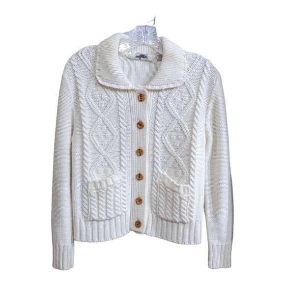 Riddles by Elliot Sweaters - Vintage Riddles by Elliot White Cable Knit Fisherman Cardigan L Pockets 1970s